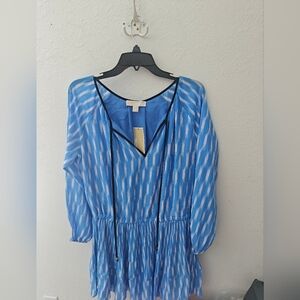 Michael Michael Kors Blouson Dress Womans Blue White Long Sleeve Pleated